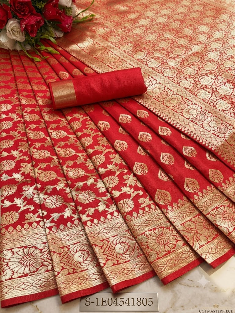 Banarasi Silk Saree With Blouse For Women (Yellow, 6.3M)
