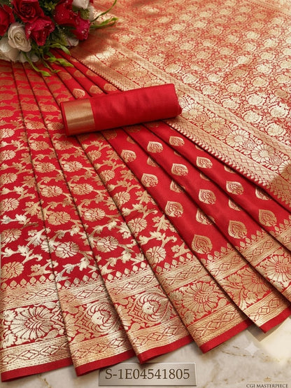 Banarasi Silk Saree With Blouse For Women (Yellow, 6.3M)